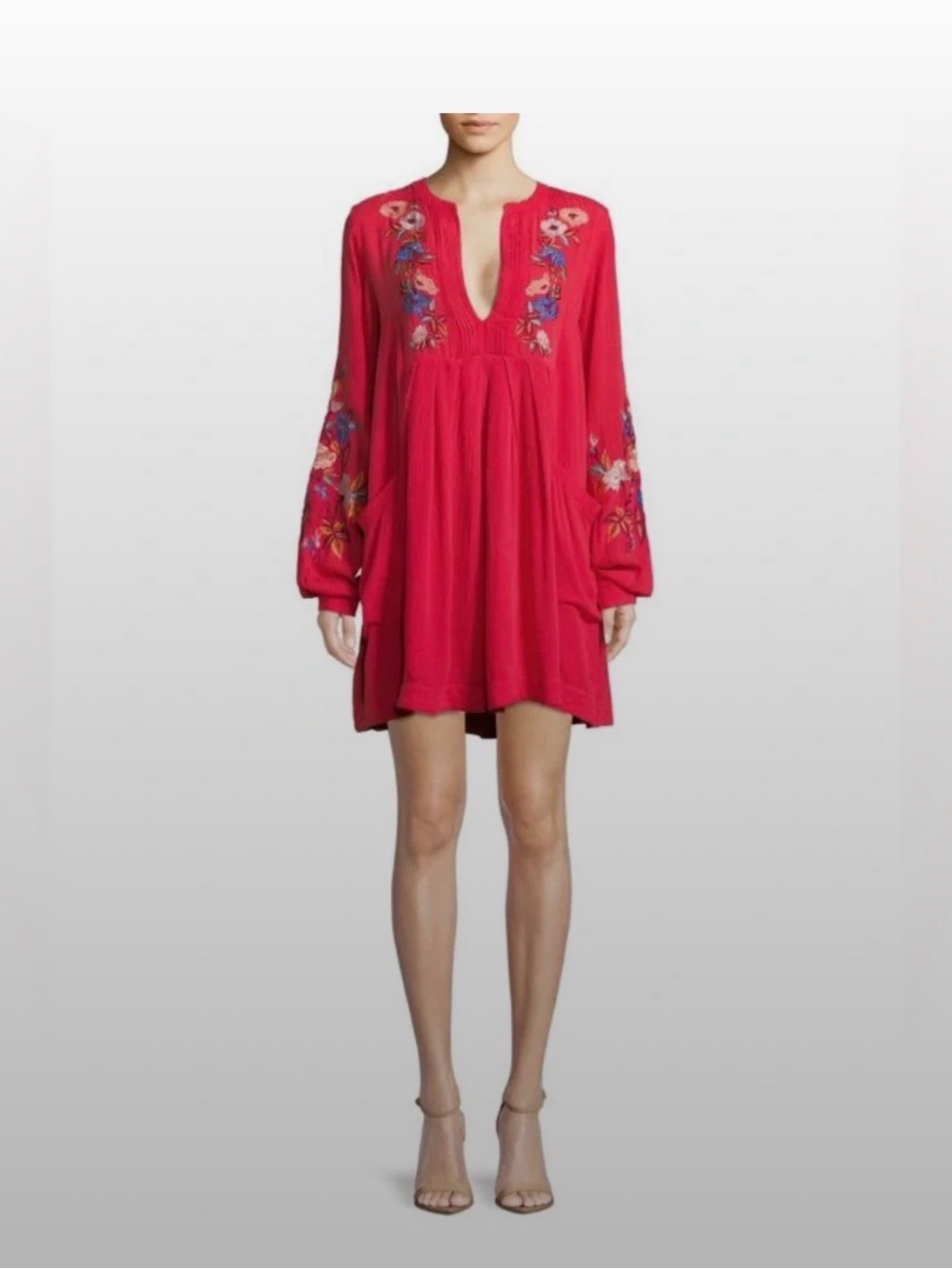 Free People Sweet Tennessee Red Embroidered Mini Tunic Dress M
